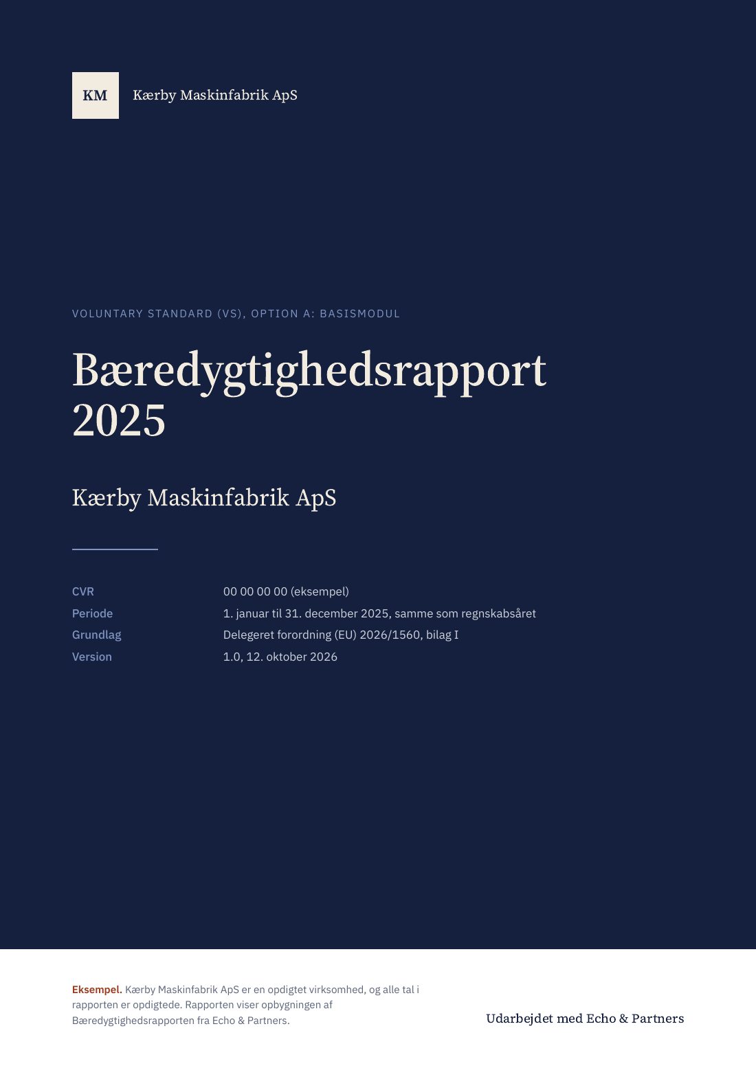 Forsiden af eksempelrapporten: Bæredygtighedsrapport 2025 for en opdigtet virksomhed.